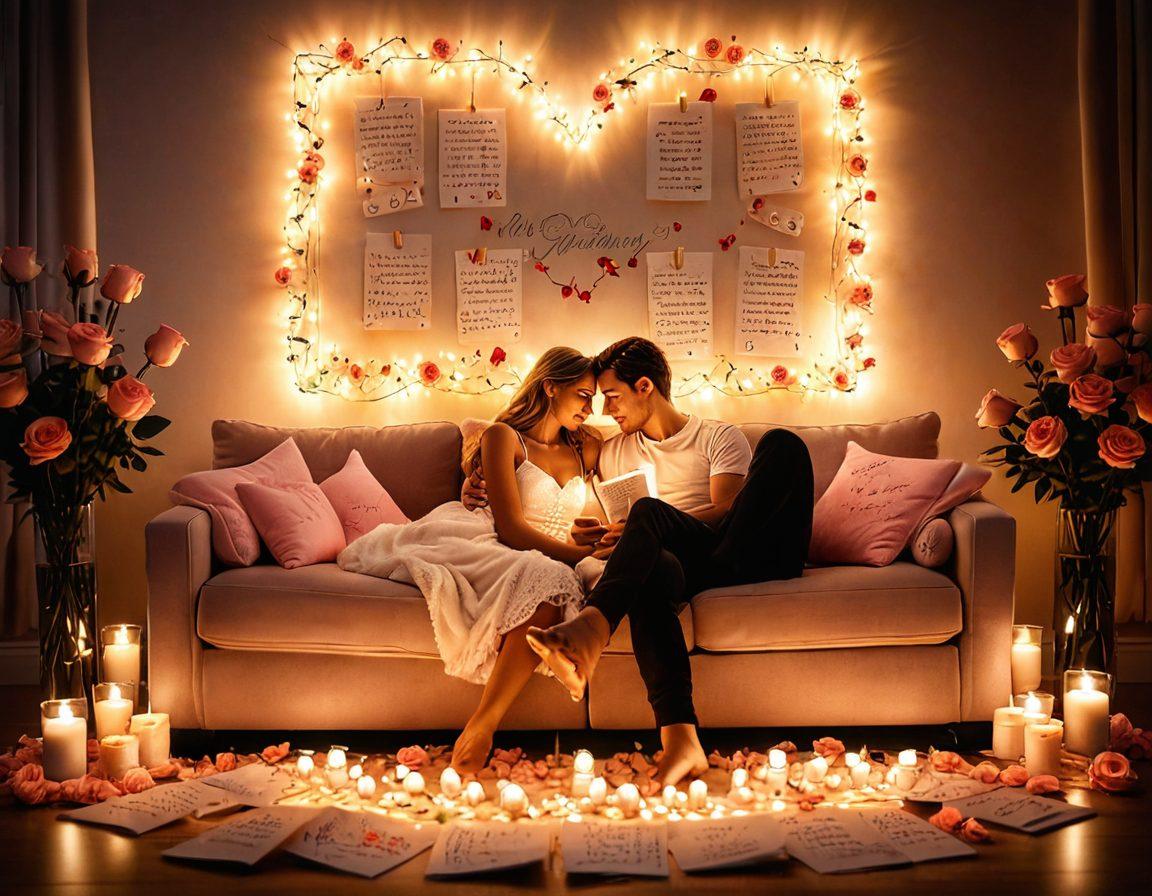 A cozy, candle-lit room with a couple sharing a heartfelt moment on a plush sofa, surrounded by love notes and delicate roses. Soft, romantic lighting with glowing fairy lights in the background. Super-realistic. Warm, vibrant colors.