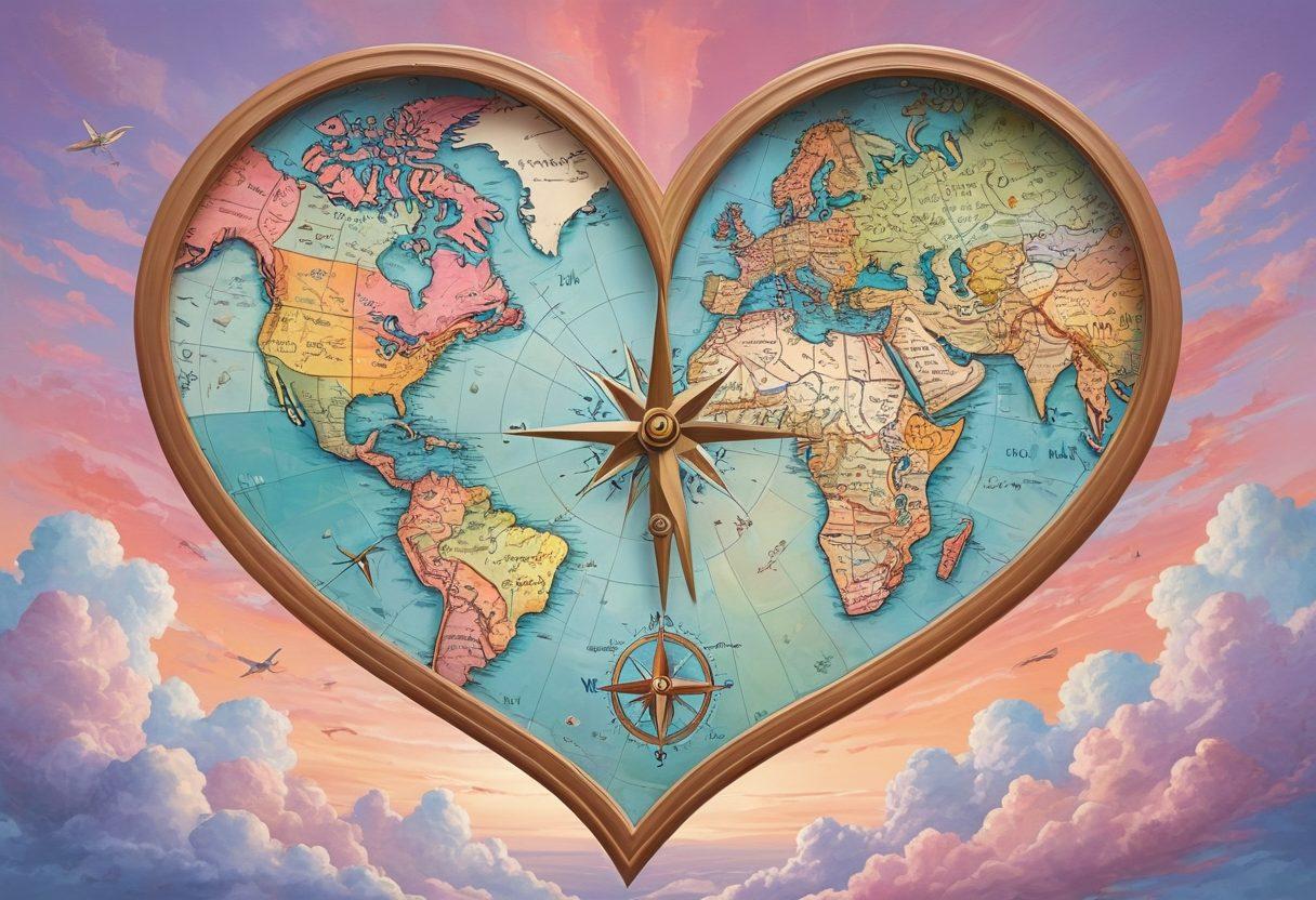 A heart-shaped map filled with vibrant illustrations of couples from various cultures, a compass pointing towards love, and tiny storytelling icons representing different romantic stories, all set against a dreamy, pastel-colored sky background. painting. vibrant colors.