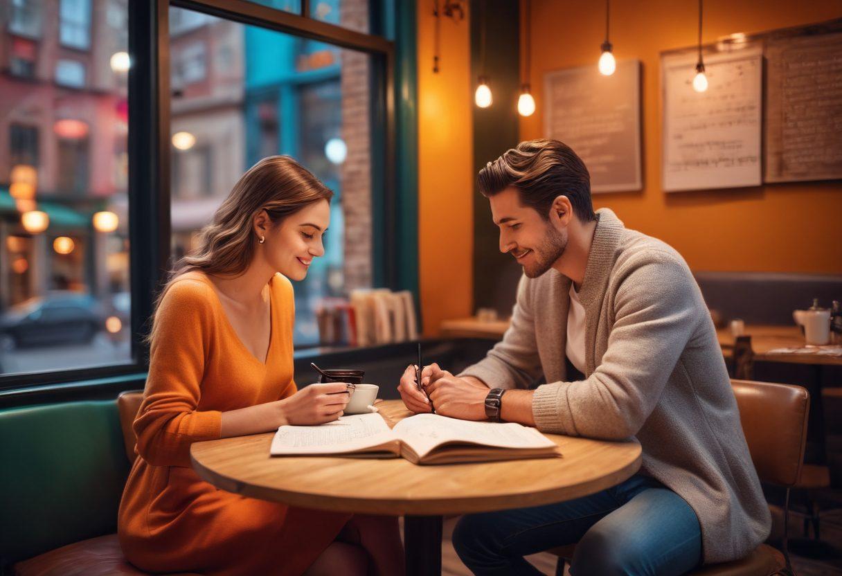 A cozy café setting with a modern couple sharing an intimate conversation over coffee, their expressions full of warmth and connection. Background features soft, romantic lighting with stylish urban décor. Accents of handwritten love letters and books about relationships are scattered on the table. Super-realistic. Vibrant colors. Warm and inviting atmosphere.